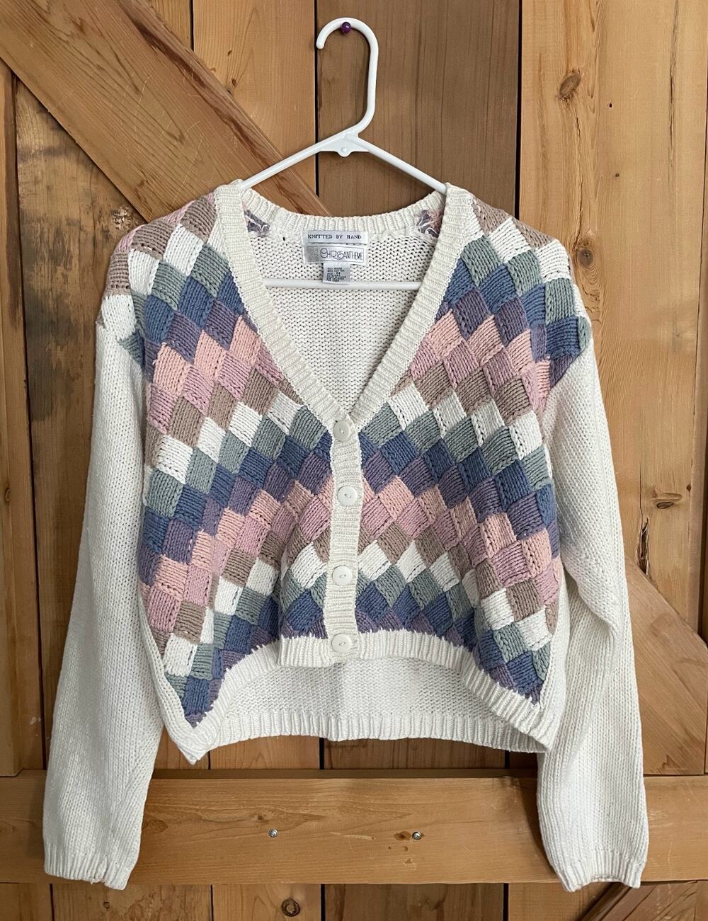 Vintage Chrysantheme Woman Spring Color Quilt-like Design Cardigan Sweater Sz. M